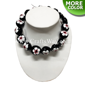 KNC07 Hand Painted Hibiscus (A) Kukui Nut Choker, 19 inches long