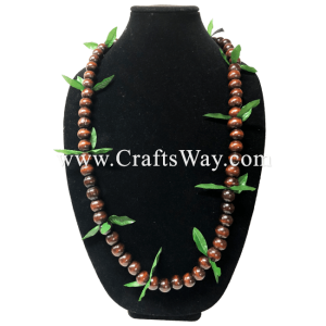 LEI-23 Wooden Bead with Maile Lei, available in length 40 inches round and in brown/ green.
