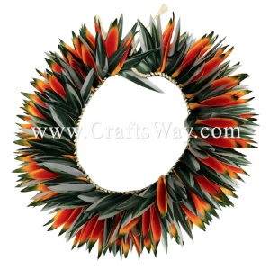 HK015 Braided Silk Heliconias & Smooth Silk Leaves Headband. Available in orange, yellow & green, Length of leaf braid: approximately 22 inches plus ties