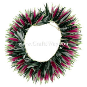 HK016 Braided Silk Heliconias & Smooth Silk Leaves Headband. Available in pink & light green, Length of leaf braid: approximately 22 inches plus ties