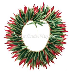 HK018 Braided Silk Heliconias & Smooth Silk Leaves Headband. Available in red & green, Length of leaf braid: approximately 22 inches plus ties