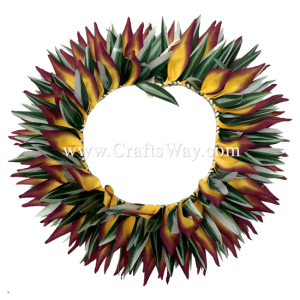 HK021 Braided Silk Heliconias & Smooth Silk Leaves Headband. Available in yellow/ maroon, Length of leaf braid: approximately 22 inches plus ties