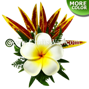 CMS-051 Custom Made Flower Hairpiece, Plumeria (BI) & Silk Leaves Hair Clip