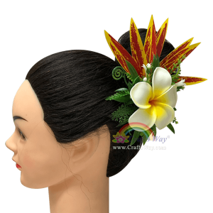 CMS-051 Custom Made Flower Hairpiece, Plumeria (BI) & Silk Leaves Hair Clip Sample