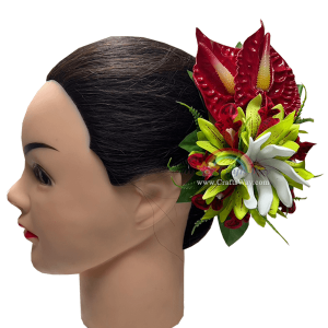 CML-051 Custom Made Flower Hairpiece, Foam Anthurium, Silk Orchid & Foam Tiare Hair Clip